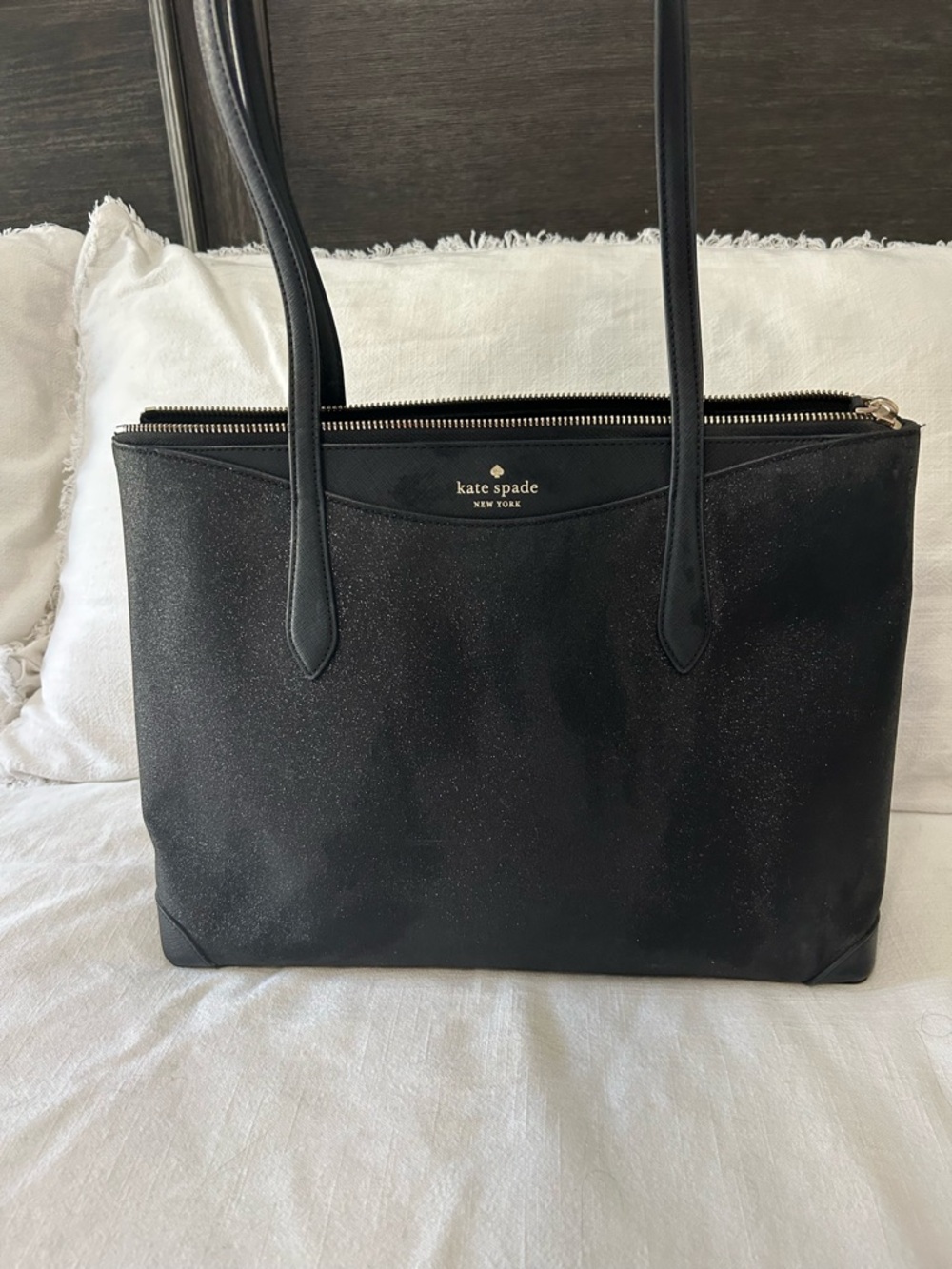 kate spade black glitter tote with dual top handles